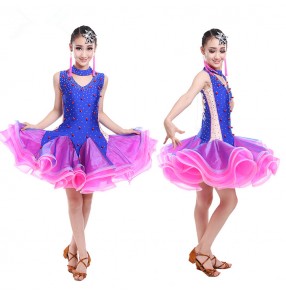 Royal blue fuchsia patchwork beaded rhinestones competition performance professional latin salsa ballroom dance dresses