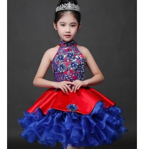 Royal blue red patchwork girls kids children stage show model princess performance party host singer cosplay dresses outfits