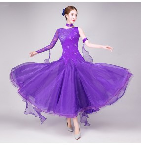 Royal blue red violet Women lace Standard Ballroom Dresses Long Sleeve Stretchy Dancing Costume Adult Waltz Ballroom Competition Dance Dress