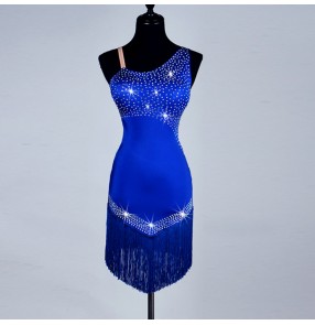 Royal blue rhinestones competition latin dance dress women salsa rumba modern dance costumes dancing clothes Dancewear