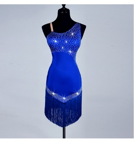 Royal blue rhinestones competition latin dance dress women salsa rumba ...