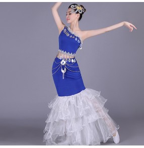 Royal blue white patchwork mermaid sequined glitter girl's women's folk dance peacock dance performance cosplay mermaid dresses 