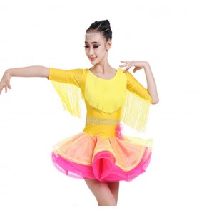 Royal blue yellow fringes school stage competition polka dot Child Latin Dance Dresses Kids Dance Costume Girl Modern Dance Dress Vestido