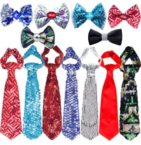 Sequined glitter fashion boy's kids children jazz singers model dancer drummer competition jazz dance bow tie neck tie