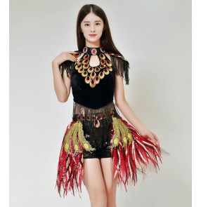 Sequined red peacock feather trajes de danza jazz Jazz Dance Modern Dance Costume Fashion  Dancing Dress Stage Show Dresses