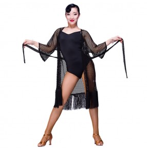 Sexy Cheap black Latin Dance Dress Women Professional Latin Skirt Samba Dance Latin Salsa Dresses out see though Cardigans