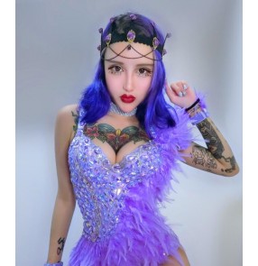 Sexy violet feather Jazz Dance Stage Costumes For Singers Hip Hop Dance Costume Female Ds Dj Rhinestone Nightclub Dress