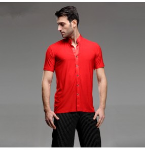 Short Sleeves stand collar Competition Men's Red Waltz Latin Shirts Adults Dance Tops Ballroom Dance Clothing Salsa Cha Cha Rumba Dancing Clothes