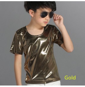 Silver black gold leather sequins paillette short sleeves round neck boys kids children performance hip hop singer jazz drummers playng dance tops t shirts 