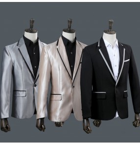 Silver black men male shiny blazer coat costume jacket outwear dance performance groom dress show party Christmas bar DJ DS prom