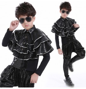 Silver black sequined long sleeves fashion competition boy's children drummer show performance jazz hip hop dance costumes outfits