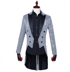 Silver gold royal blue long sleeves sequined long sleeves men's male singers dancers magician jazz cosplay dance tuxedo jackets coats