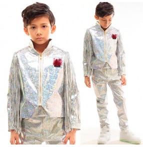 Silver lasers colored glitter fringes  boy's kids children stage model drummer competition performance dancers singers dance jackets and pants