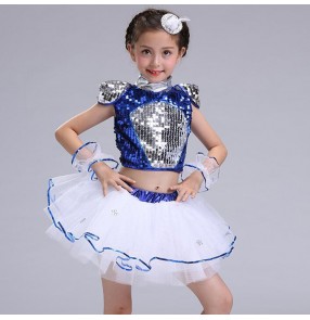 Silver royal blue Kids Jazz dance Outfit Clothing Child Boy Sequined Hip Hop Modern Dance Costume Jazz Dance Costumes Dress For Girls