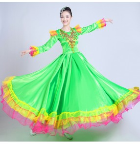 Spanish  red gold Dance Costume Long sleeves Flamenco Dance Dress Big Swing Performance Dress Female Opening Stage Skirt