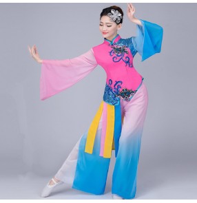 Turquoise fuchsia gradient traditional Chinese dance costumes women yangko folk dance costume for woman fan performance costumes