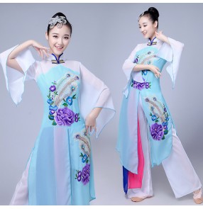 Turquoise violet gradient colored Women Dancing Costume Fashion Women classical traditional fairy Chinese dance costumes folk fan dance costumes