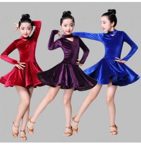 Velvet royal blue purple wine Child Latin Dance Dresses Kids Ballroom Dance Costume Vestido latino para niños Girls Modern Dance Dress Stage Dance Clothing