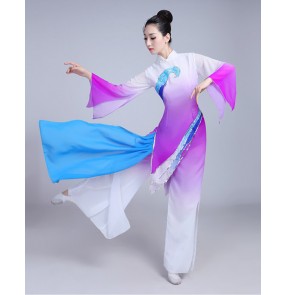 Violet gradient colored traditional Chinese dance costumes women folk dance costume for woman fan clothing performance