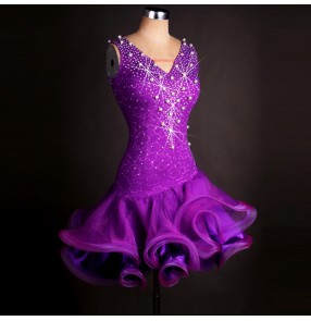 Violet purple beaded stones handmade professional competition women's female lace latin salsa cha cha dance dresses