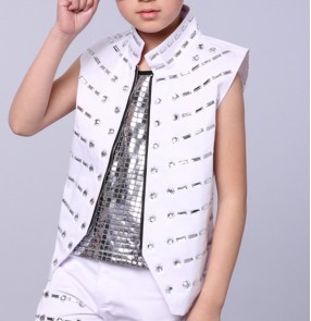 White boy's Singer DS Dance Costume Wear Sequins  Veste Paillettes Jazz Dance Clothes Suit waistcoat