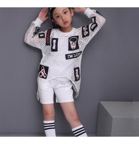 white Children Sets Girl Boy Black Jazz Hip Hop Modern Dance wear Set Kid Dance Costume long Sleeves Top & shorts