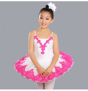 White fuchsia embroidery patchwork girl's kids children competition exercises swan lake performance tutu leotard skirt ballet dresses