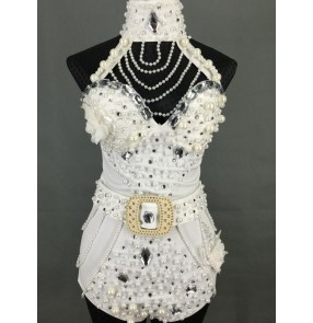 White red black Handmade Pearl Women Stage Wear Dance Outfit Jazz Dancing One Piece Costume  Club Female Singer Wear bodysuit