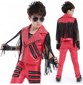 White red black leather fringes rivet fashion boy's kids children drummer dancers hip hop jazz performance competition dance outfits