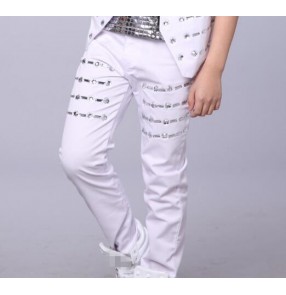 White Reflective rhinestones Jazz singers drummer show performance hiphop hip-hop Modern Dance Pants Trousers for kids boy 