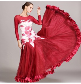 Wine red dark green black long sleeves floral printed competition professional women's girl's flamenco ballroom waltz dancing dresses