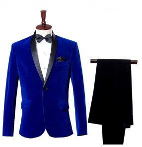 Wine red Royal blue velvet long sleeves fashion competition stage performance groomsman party cosplay singers dancers blazers dress suits sets