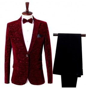 Wine red velvet floral long sleeves photos groomsman singers dancers host party performance dance blazers tops sets