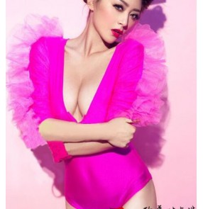 women Fashion Fuchsia hot pink star triangle one-piece sexy female singer DJ dance costumes performance bodysuit dress outfits