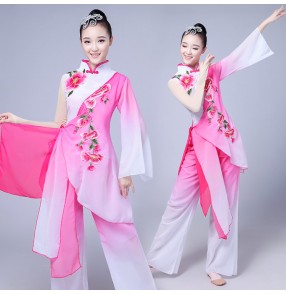 Women fuchsia gradient Chinese Folk dance costumes yangko umbrella fan classical dance costumes for legend performance