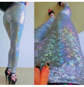 Women lady Silver snake grain laser glitter Fashion ds costume female singer jazz dance dj trousers dancer show nightclub pants