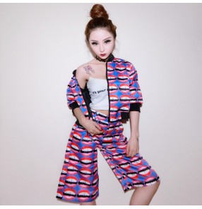 Women's printed hiphop two piece dance top dance shorts sleeves jazz dance costume 