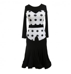 Women White Polka Dot black Latin Dance Dress long sleeves Modern Dancing Dress Tango Cha cha Rumba Competition Dress