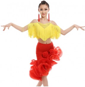 Yellow red Child competition Latin Dance Dresses Kids Ballroom Dance Costume Girl Modern Dance Dress Vestidos Waltz Stage Dance outfits