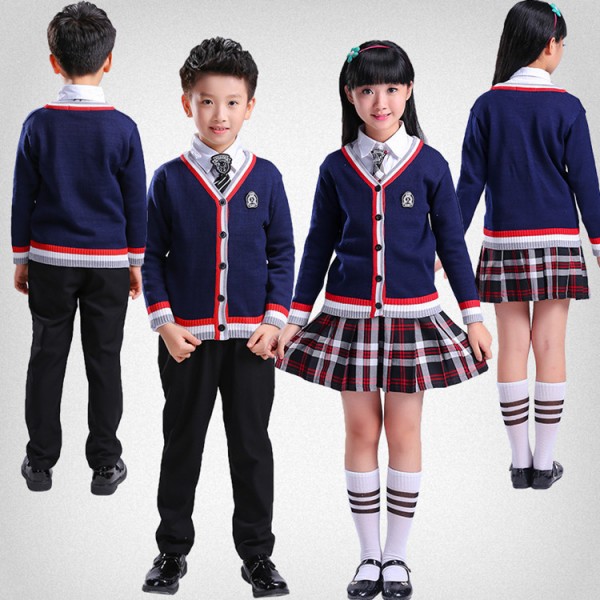 Navy Red Grey Girl Boys Kids Children Japanese School Uniform Student Chorus Dance Cosplay Costume England Style Plaid Skirt Tops Sweater Sets
