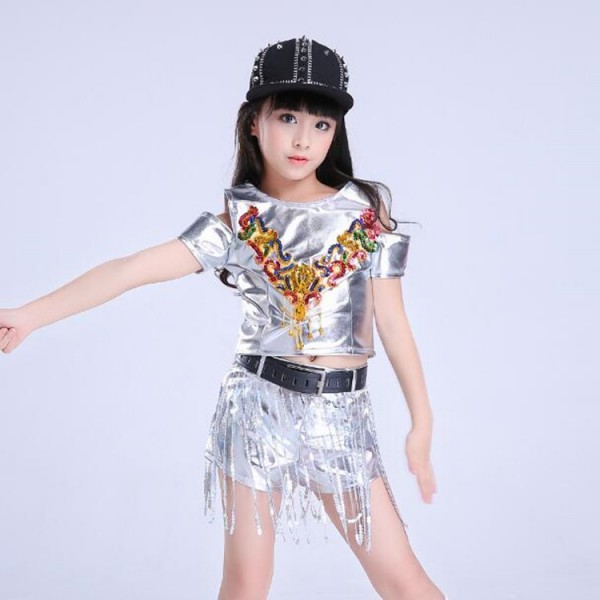 Girls hiphop jazz dance outfits for kids gold silver red pink school ...