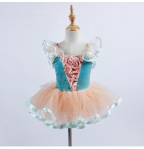 Ballet dance dress for girl's blue lace sleeves princess girls stage performance party cosplay leotards tutu skirt ballet dancing dresses