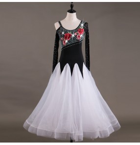 Ballroom dance dress for female lady women's diamond black and white long length competition waltz tango dance dress