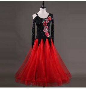 Ballroom dress for women female black and red long sleeves diamond competition stage performance tango waltz dancing dress