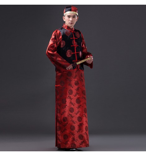 Black and red Men's Folk Costume Robe Vest Male Tang Suit Chinese ...