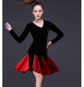 Black and red patchwork skirts v neck long sleeves women's velvet latin rumba salsa cha cha dance dresses skirts