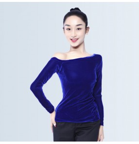 Black and royal blue velvet boat neck long sleeves women's competition gymnastics exercises practice latin ballroom dance tops blouses