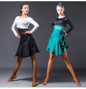 Black and white dark green lace long sleeves see though waistline competition women's female performance salsa cha cha latin dance dresses