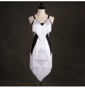 Black and white fringes patchwork sleeveless backless women's girl's competition rumba cha cha salsa latin dance dresses