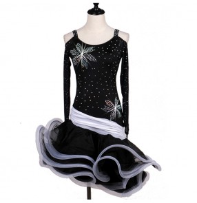 Black and white rhinestones ruffles dew shoulder long sleeves women'e female rumba salsa cha cha latin dance dresses